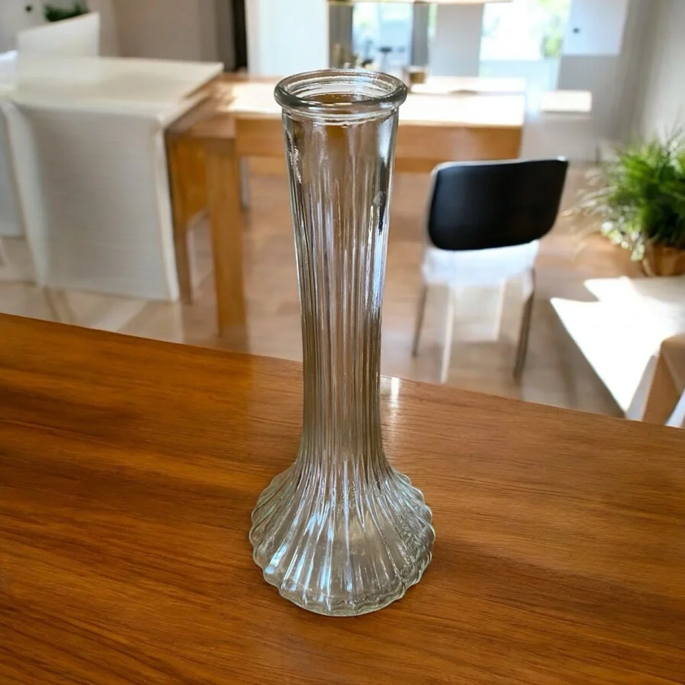 Vintage Hoosier Glass Clear Ribbed Bud Vase 9” #4096 MCM